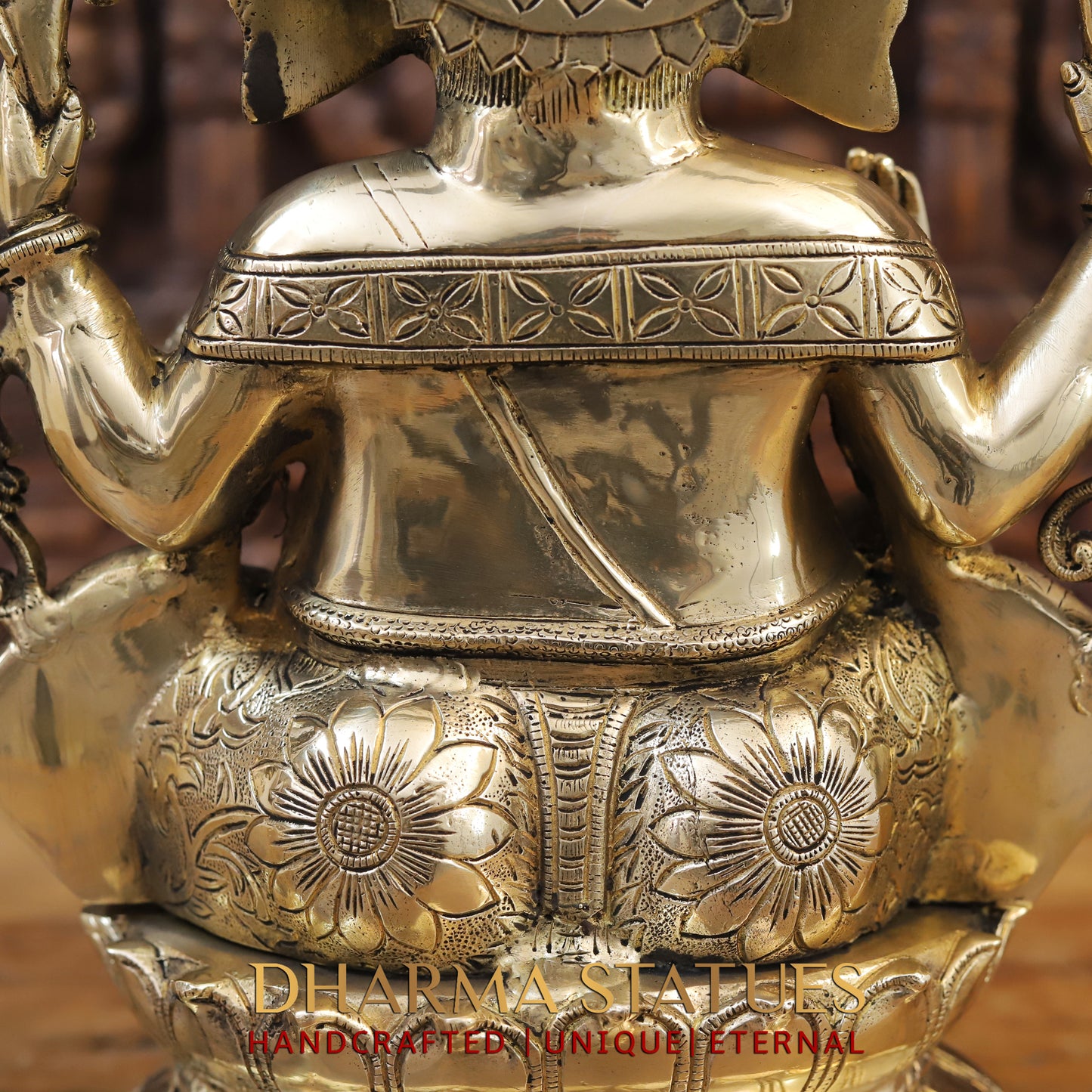 Brass Ganesh seated on Base with Fine Carved jewelry, Golden Finish, 17"