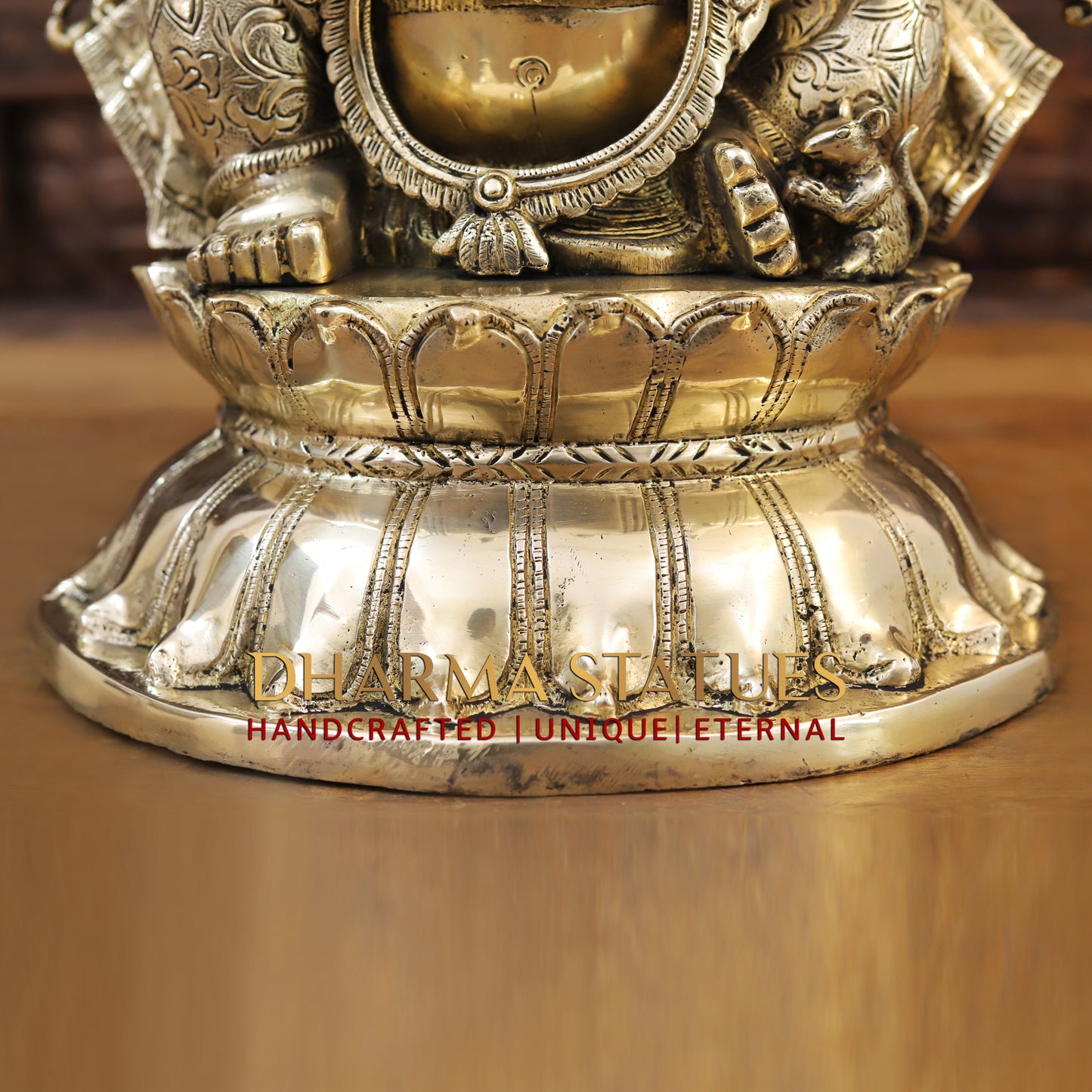 Brass Ganesh seated on Base with Fine Carved jewelry, Golden Finish, 17"