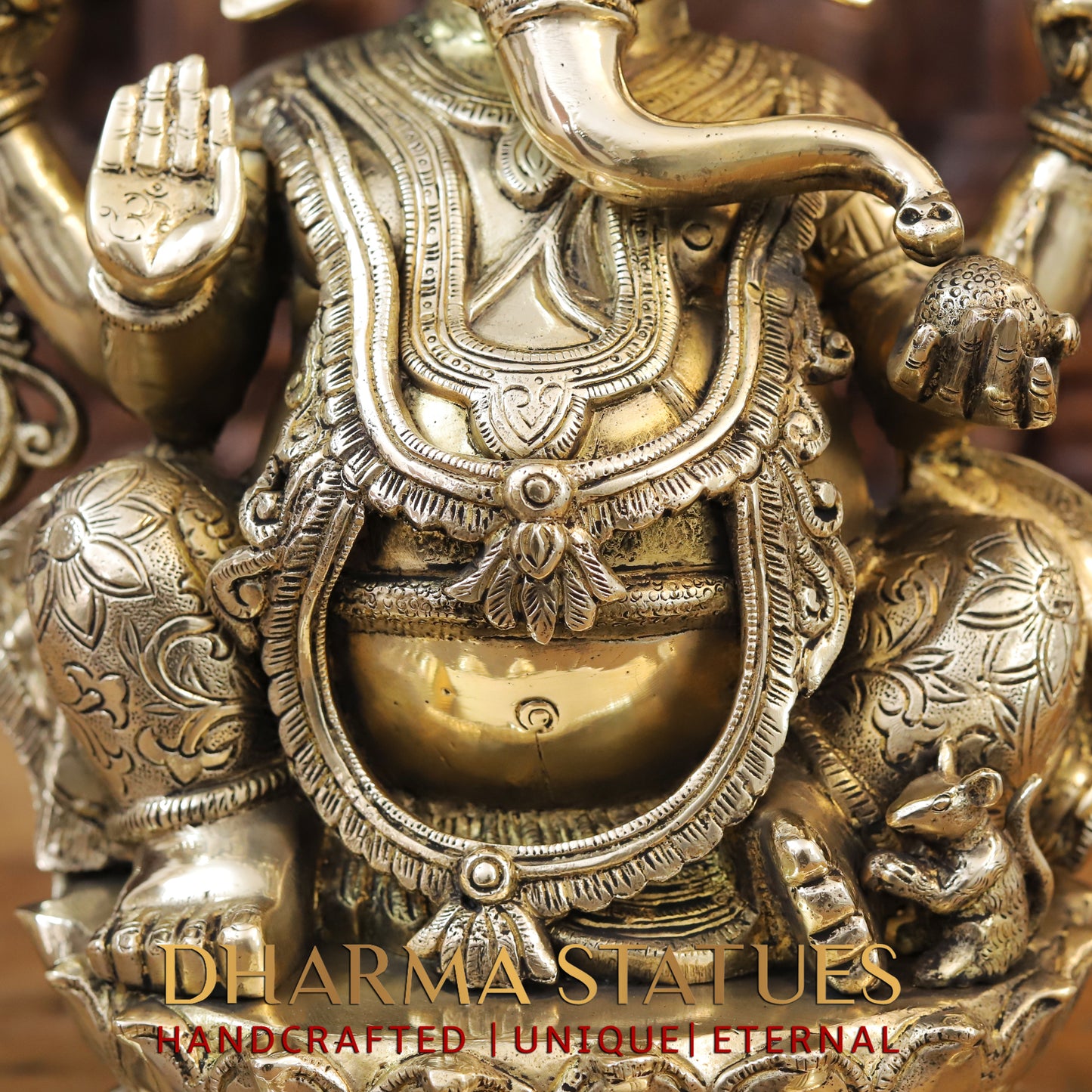 Brass Ganesh seated on Base with Fine Carved jewelry, Golden Finish, 17"