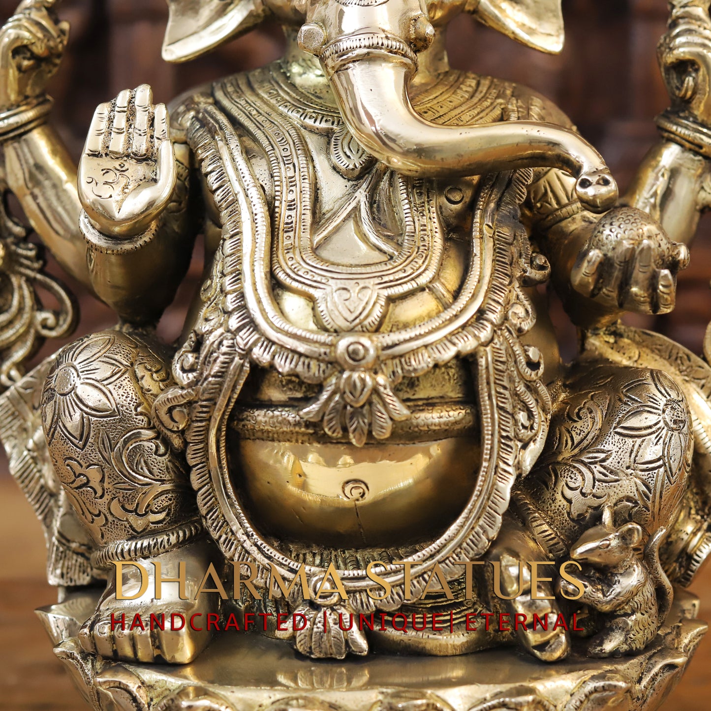 Brass Ganesh seated on Base with Fine Carved jewelry, Golden Finish, 17"