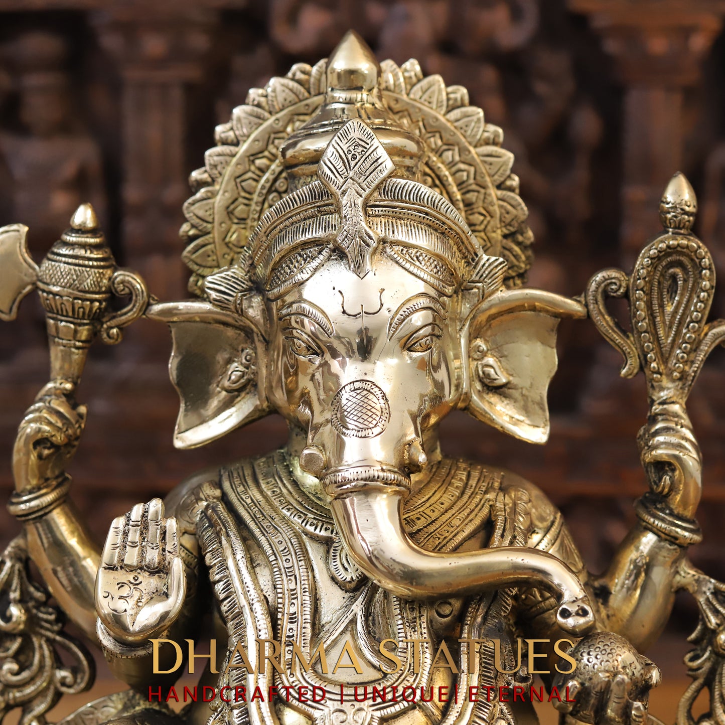 Brass Ganesh seated on Base with Fine Carved jewelry, Golden Finish, 17"