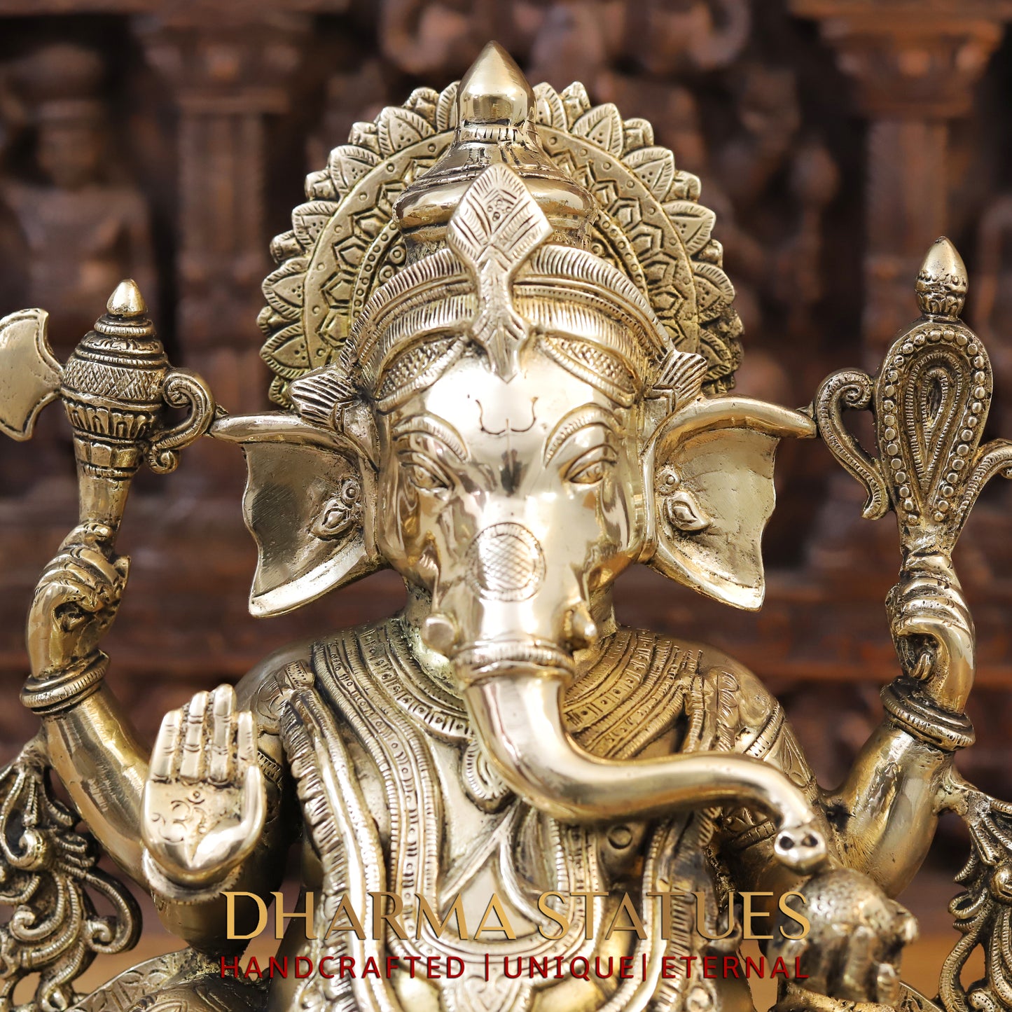 Brass Ganesh seated on Base with Fine Carved jewelry, Golden Finish, 17"