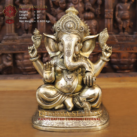 Brass Ganesh seated on base, Golden Finish, 14"
