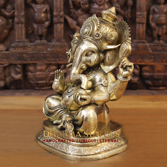 Brass Ganesh seated on base, Golden Finish, 14"