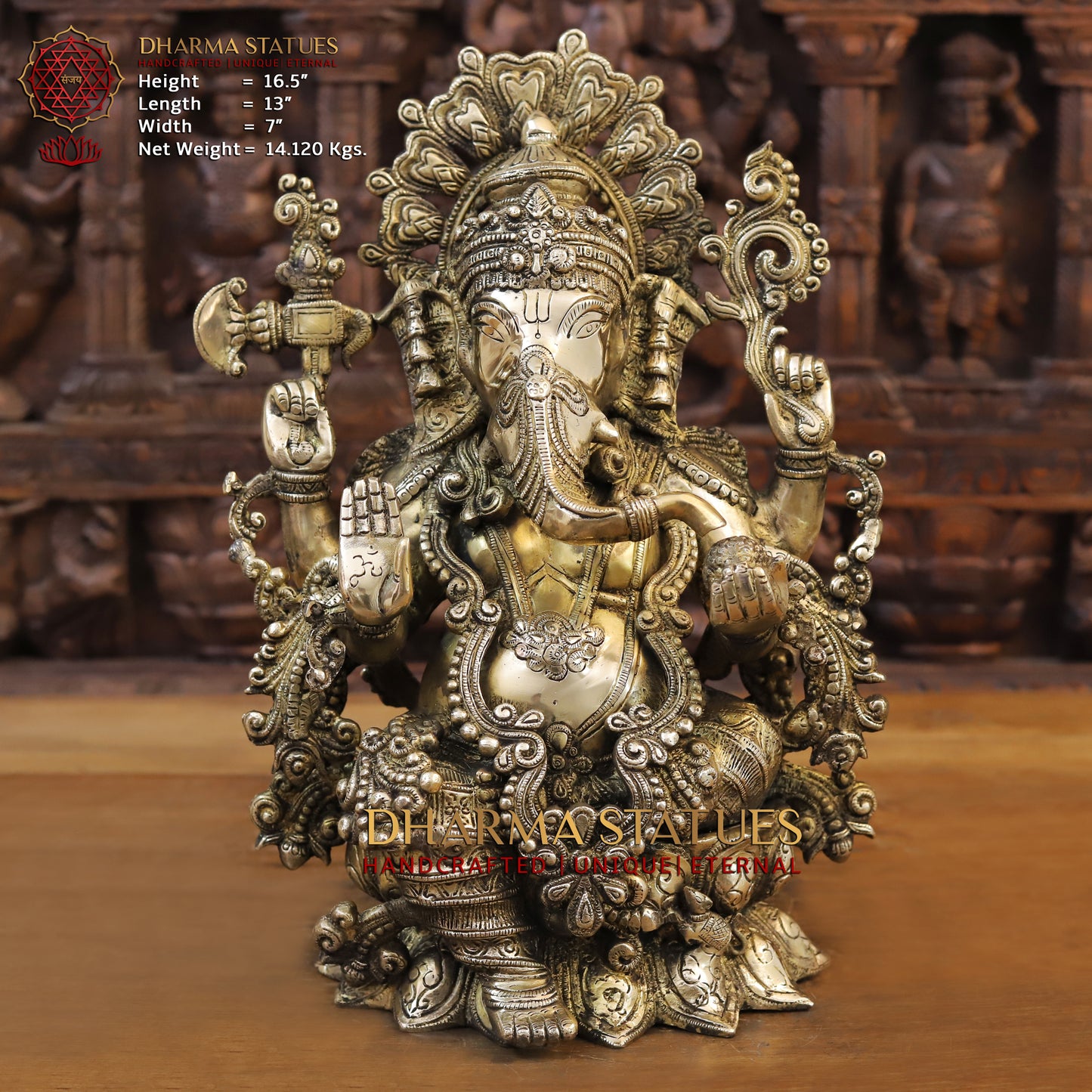 Brass Ganesh seated on Lotus, Golden Finish, 16.5"