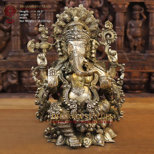 Brass Ganesh seated on Lotus, Golden Finish, 16.5"