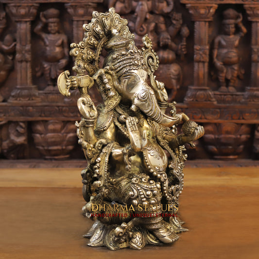 Brass Ganesh seated on Lotus, Golden Finish, 16.5"