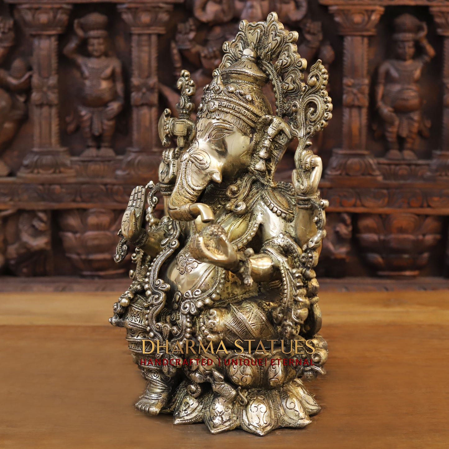 Brass Ganesh seated on Lotus, Golden Finish, 16.5"