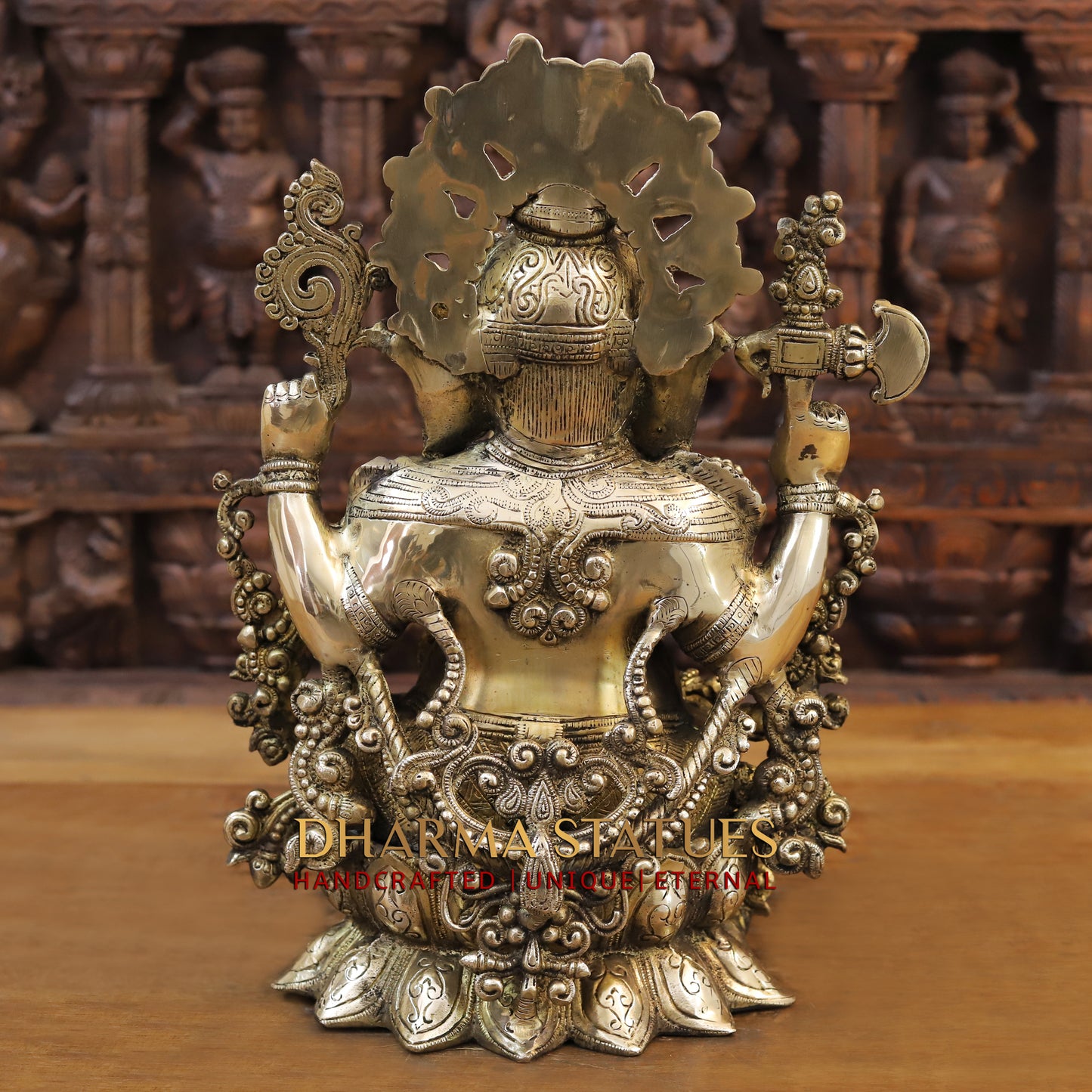 Brass Ganesh seated on Lotus, Golden Finish, 16.5"