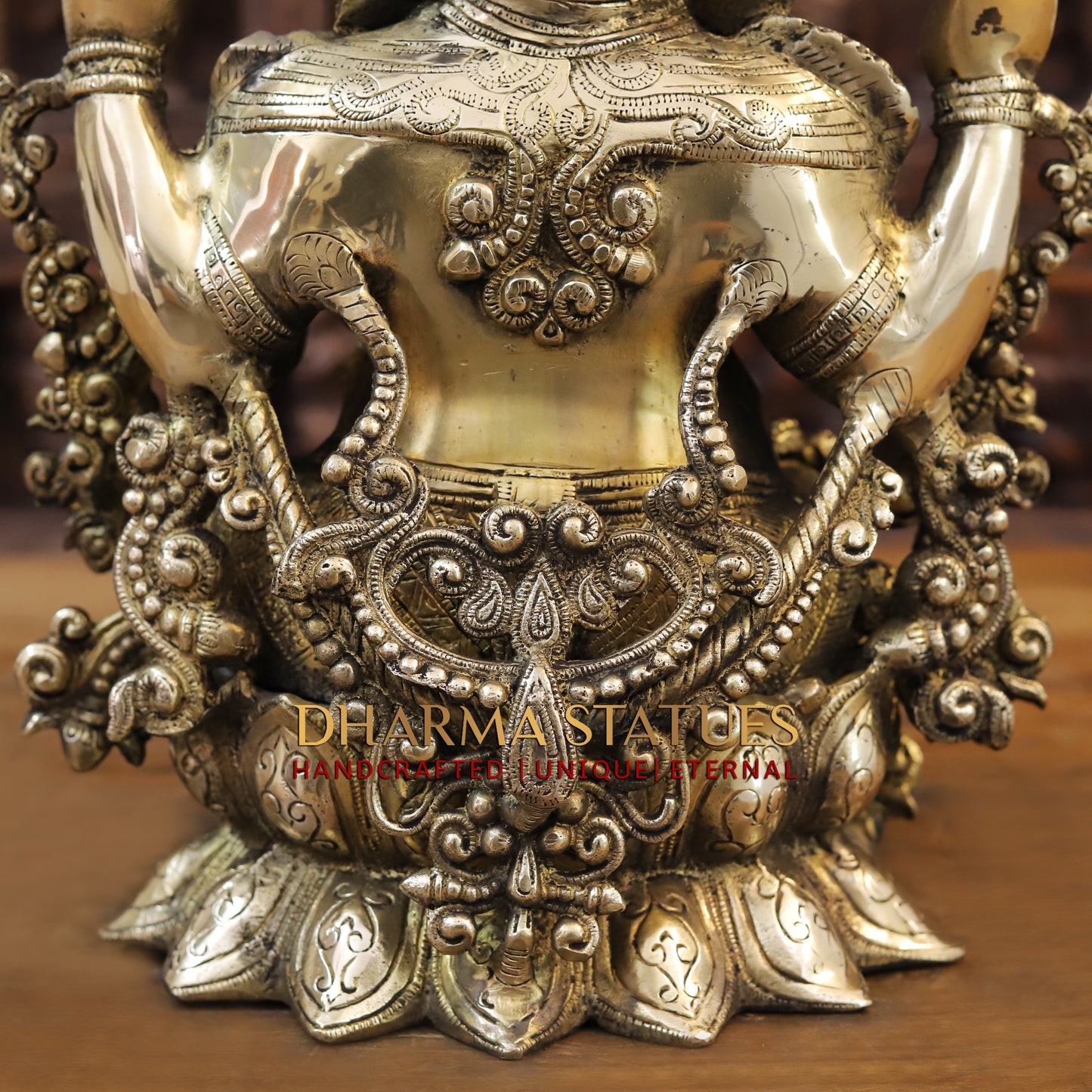 Brass Ganesh seated on Lotus, Golden Finish, 16.5"