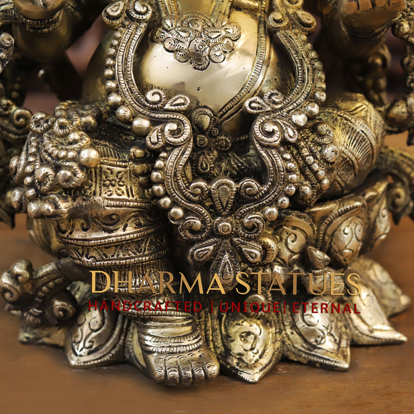 Brass Ganesh seated on Lotus, Golden Finish, 16.5"