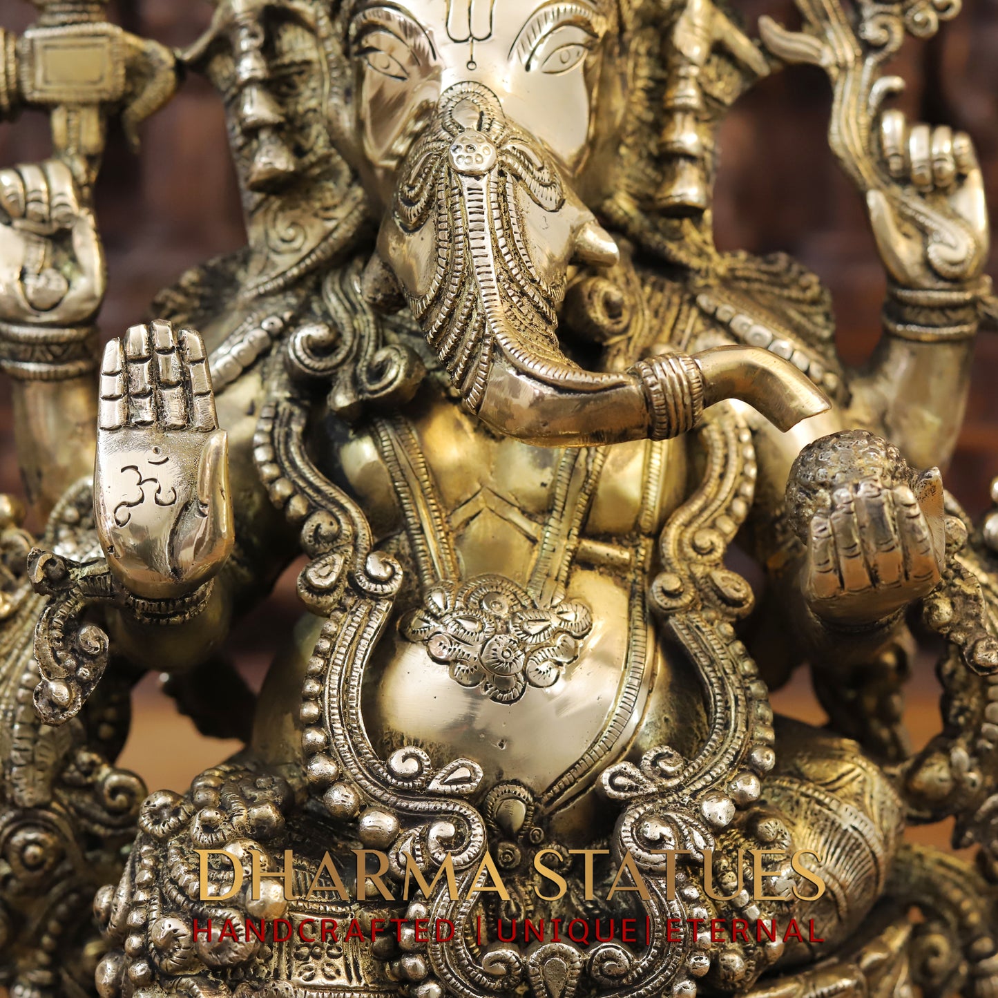 Brass Ganesh seated on Lotus, Golden Finish, 16.5"