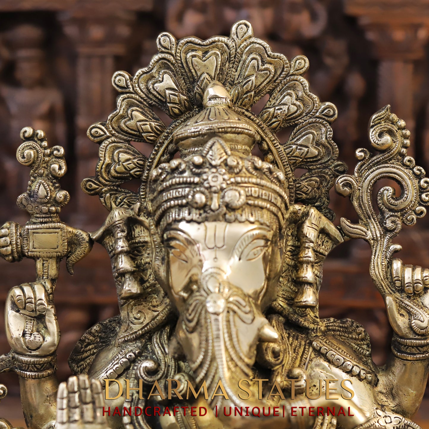 Brass Ganesh seated on Lotus, Golden Finish, 16.5"