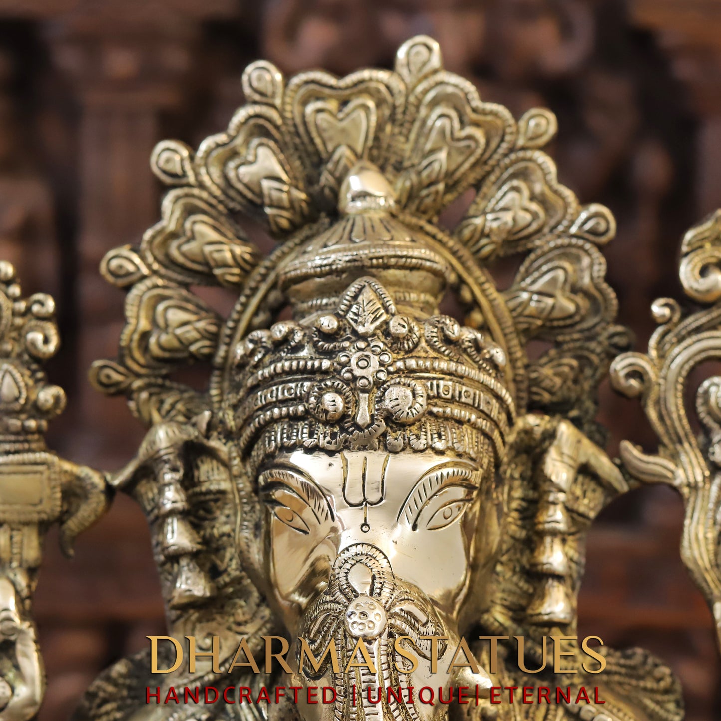 Brass Ganesh seated on Lotus, Golden Finish, 16.5"