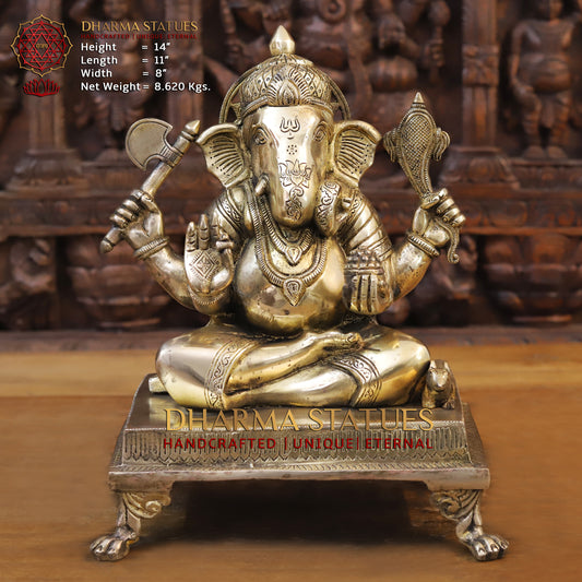 Brass Ganesh Seated on chowki, Fine Golden Finish, 14"