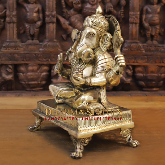 Brass Ganesh Seated on chowki, Fine Golden Finish, 14"