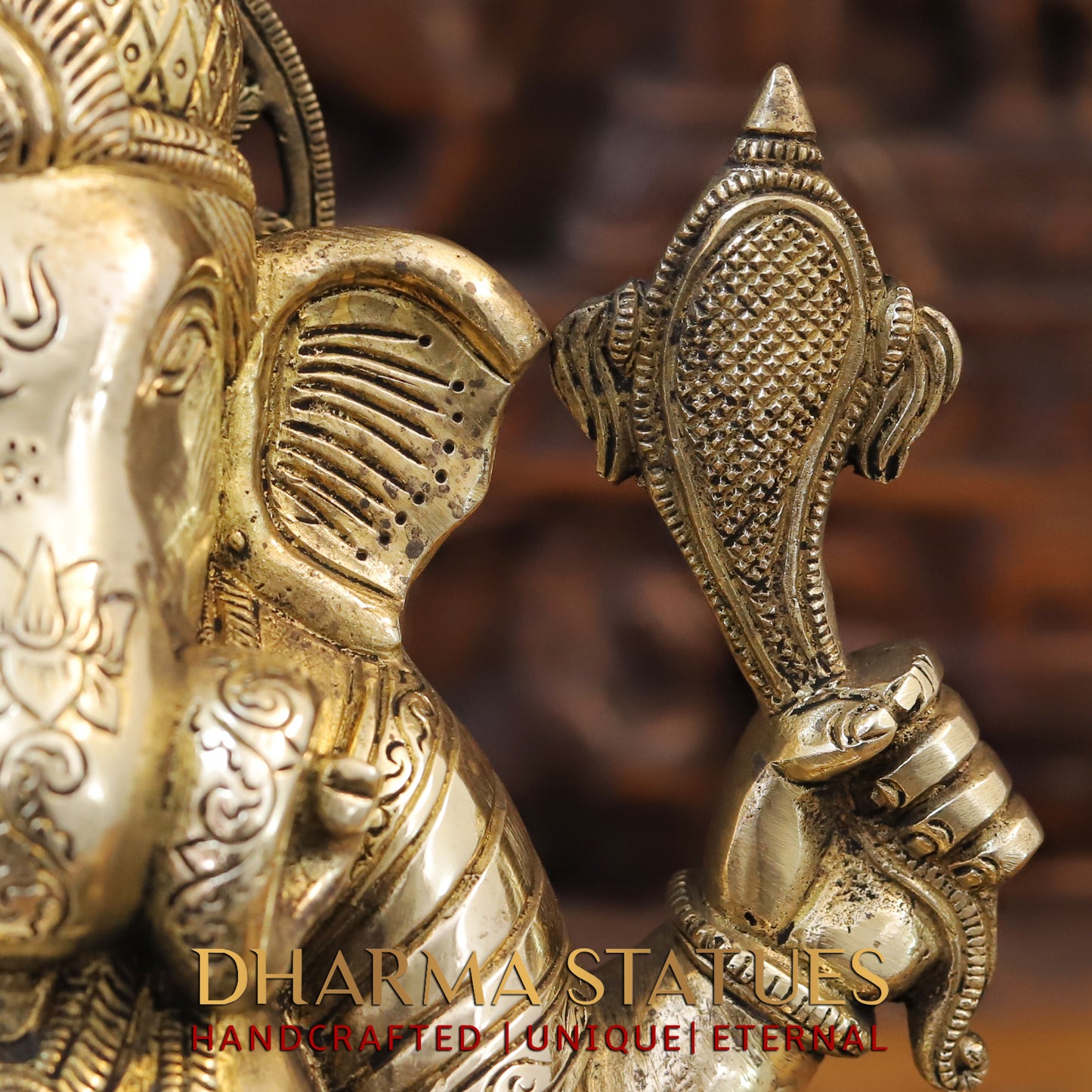 Brass Ganesh Seated on chowki, Fine Golden Finish, 14"