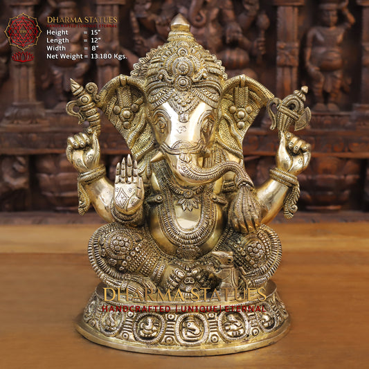 Brass Ganesh seated on Base, Fine Golden Finish, 15"