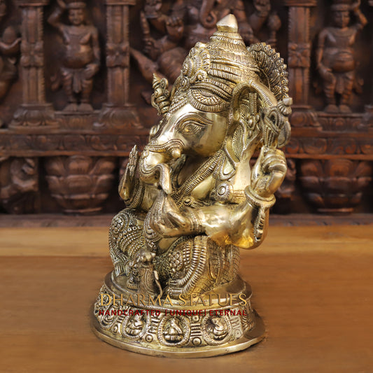 Brass Ganesh seated on Base, Fine Golden Finish, 15"