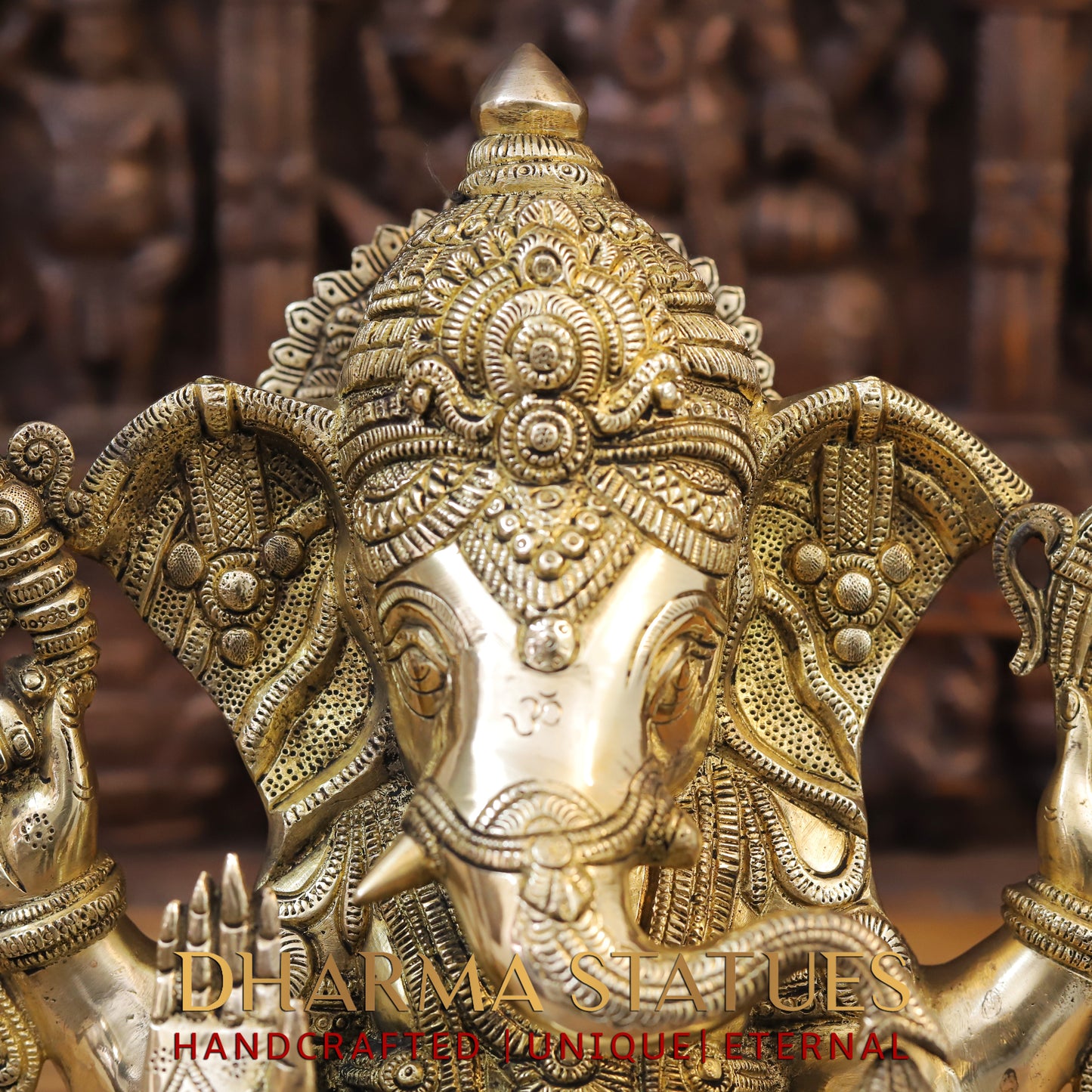 Brass Ganesh seated on Base, Fine Golden Finish, 15"