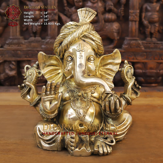 Brass Ganesh seated in a Blessing Position, Fine Gold, 14"
