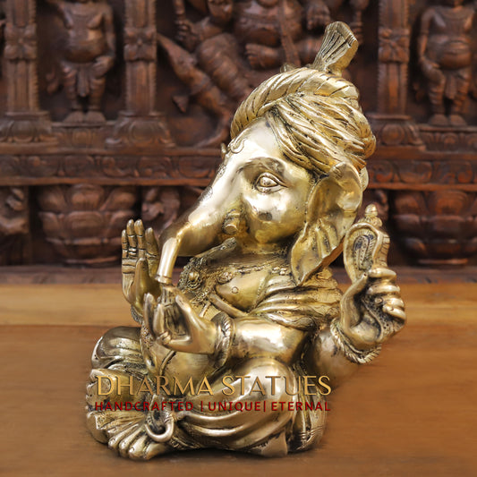 Brass Ganesh seated in a Blessing Position, Fine Gold, 14"