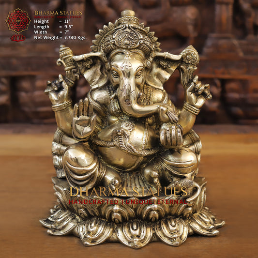 Brass Ganesh Seated on Lotus, Blessing position, Golden Finish, 11"