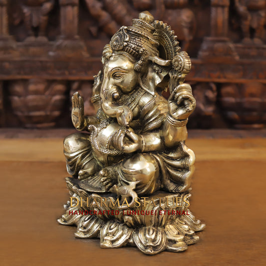 Brass Ganesh Seated on Lotus, Blessing position, Golden Finish, 11"