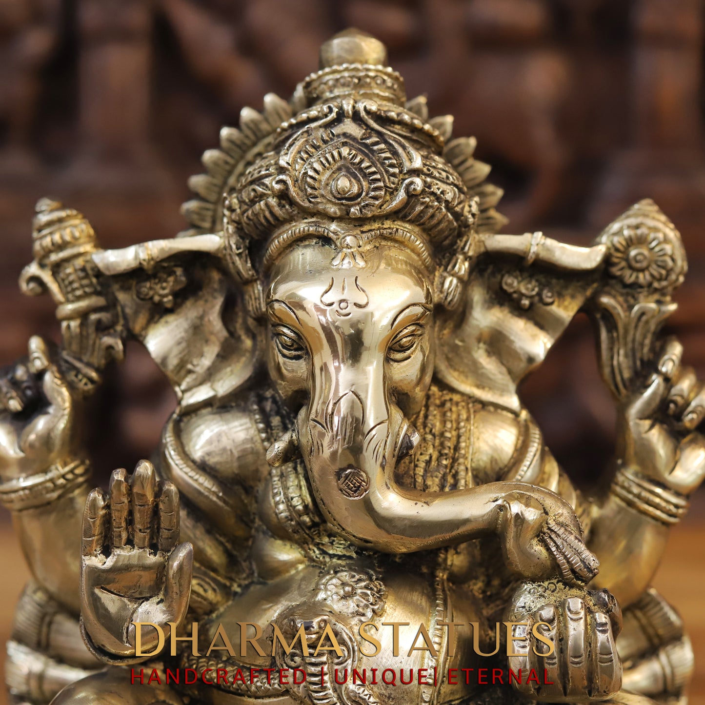 Brass Ganesh Seated on Lotus, Blessing position, Golden Finish, 11"