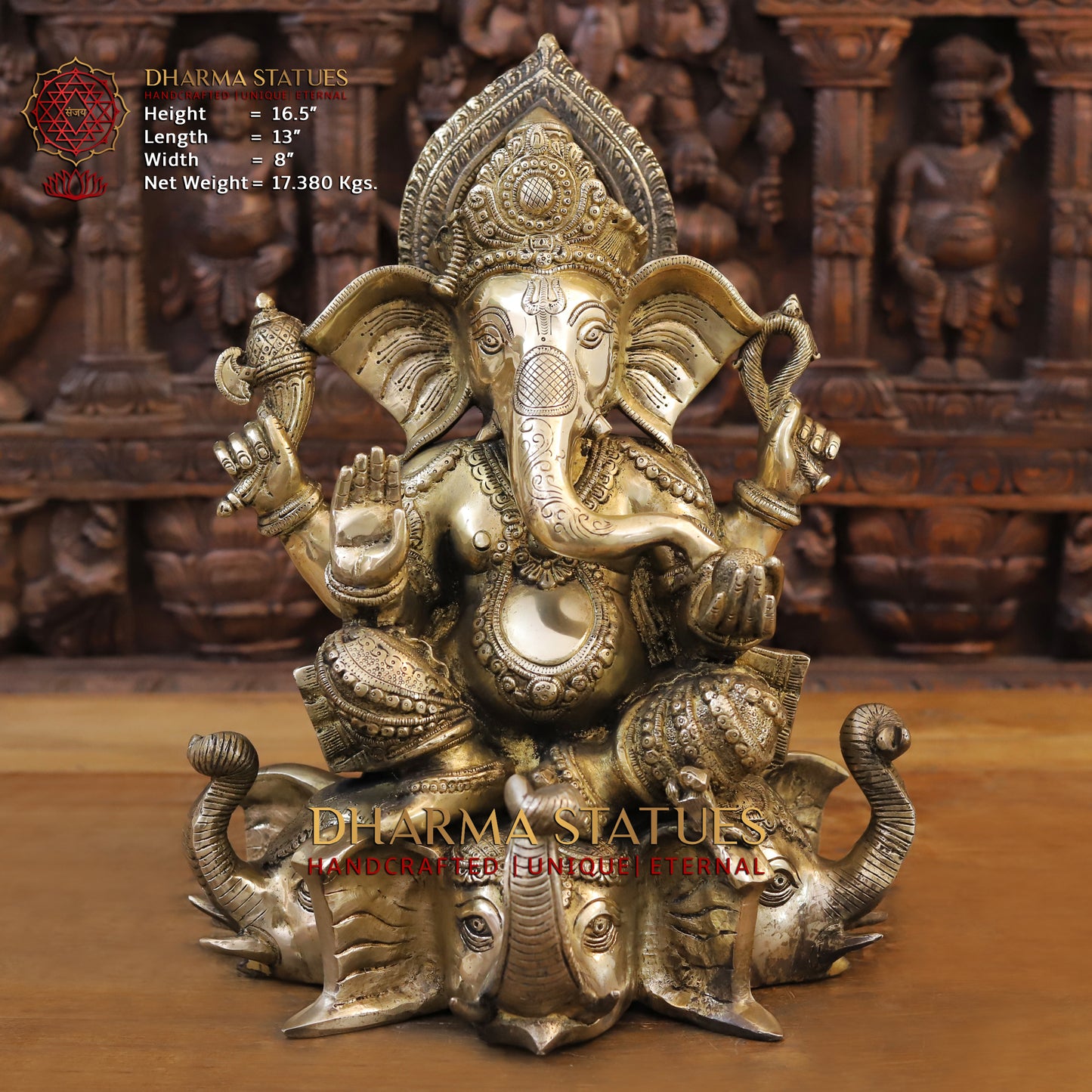 Brass Ganesh seated on Elephant Base, Fine Golden Finish, 16.5"