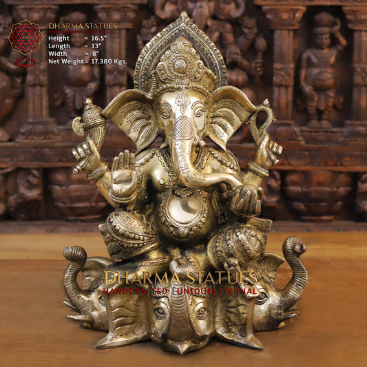 Brass Ganesh seated on Elephant Base, Fine Golden Finish, 16.5"