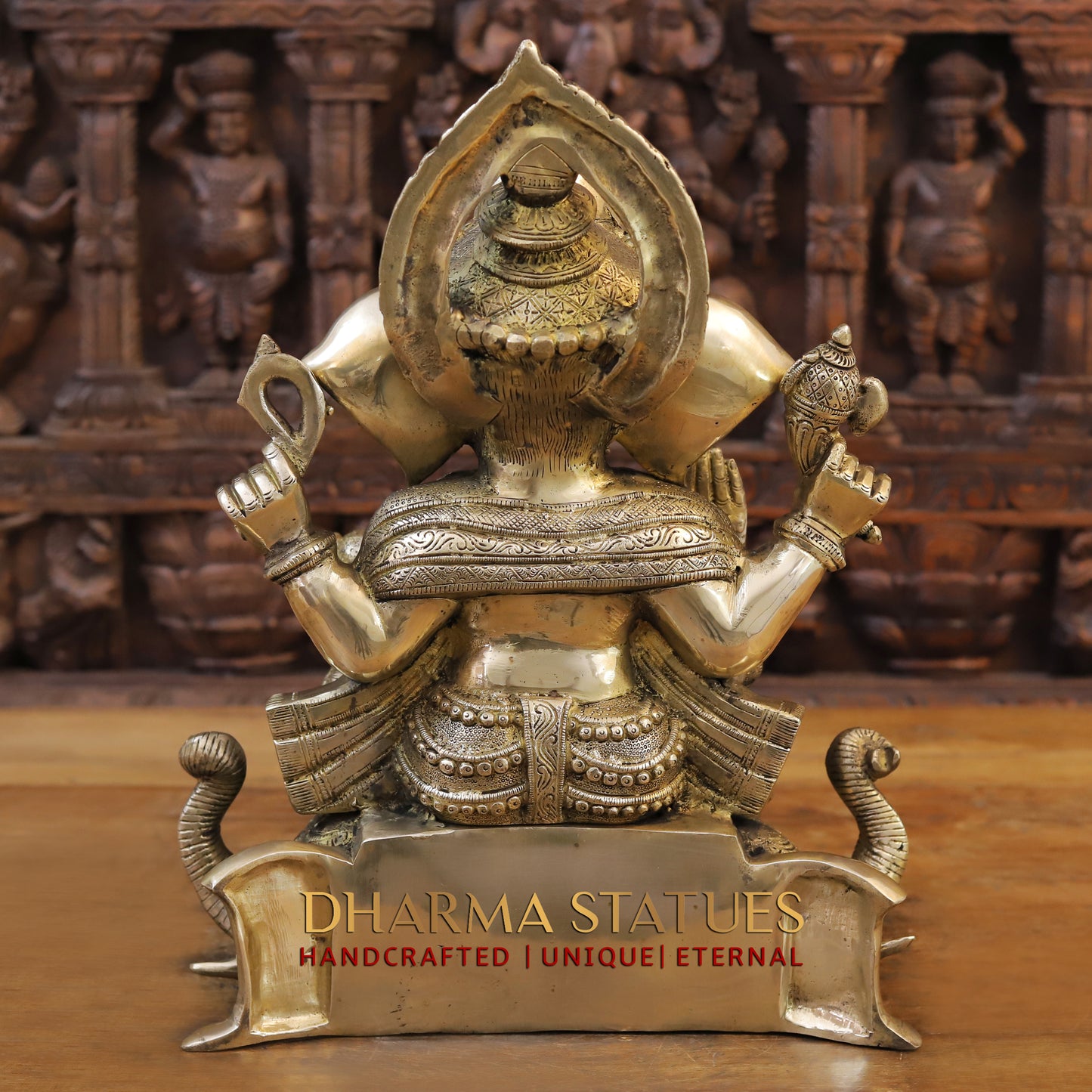 Brass Ganesh seated on Elephant Base, Fine Golden Finish, 16.5"