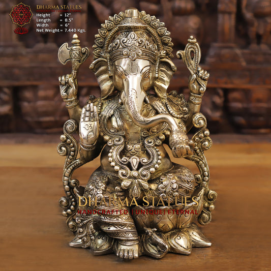 Brass Ganesh seated on Lotus, Blessing Posture, Golden Finish, 12"