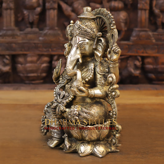 Brass Ganesh seated on Lotus, Blessing Posture, Golden Finish, 12"
