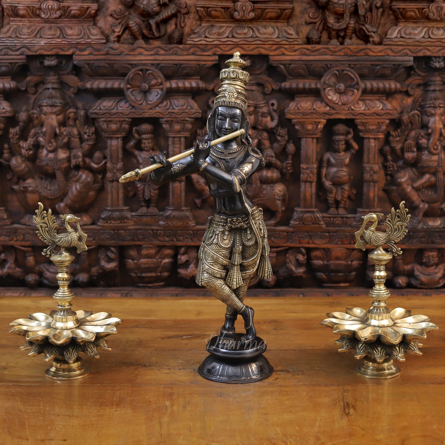 Brass Krishna Playing Flute, Black Patina & Golden Finish 23"