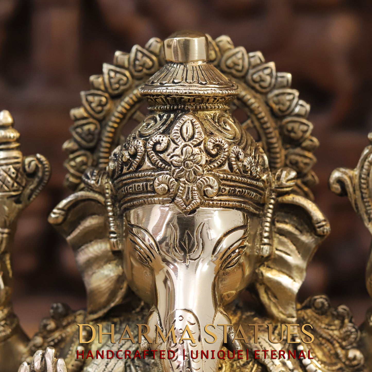 Brass Ganesh seated on Lotus, Blessing Posture, Golden Finish, 12"