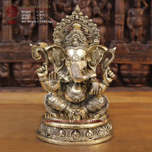 Brass Ganesh seated on Base, Blessing Posture, Fine Golden Finish, 14"