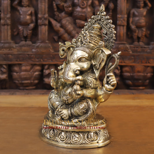 Brass Ganesh seated on Base, Blessing Posture, Fine Golden Finish, 14"