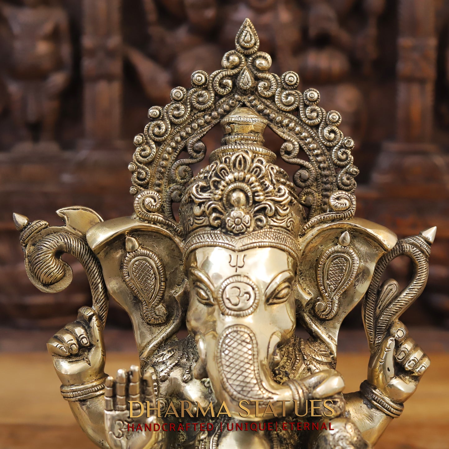 Brass Ganesh seated on Base, Blessing Posture, Fine Golden Finish, 14"