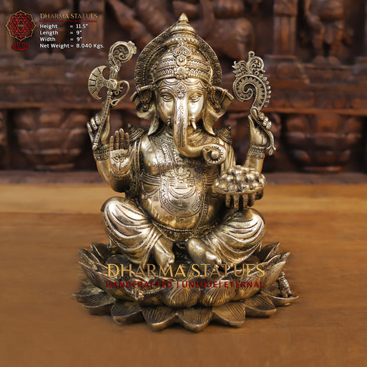 Brass Ganesh seated on Lotus, Blessing Posture, Golden Finish, 11.5"