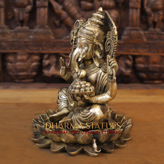 Brass Ganesh seated on Lotus, Blessing Posture, Golden Finish, 11.5"