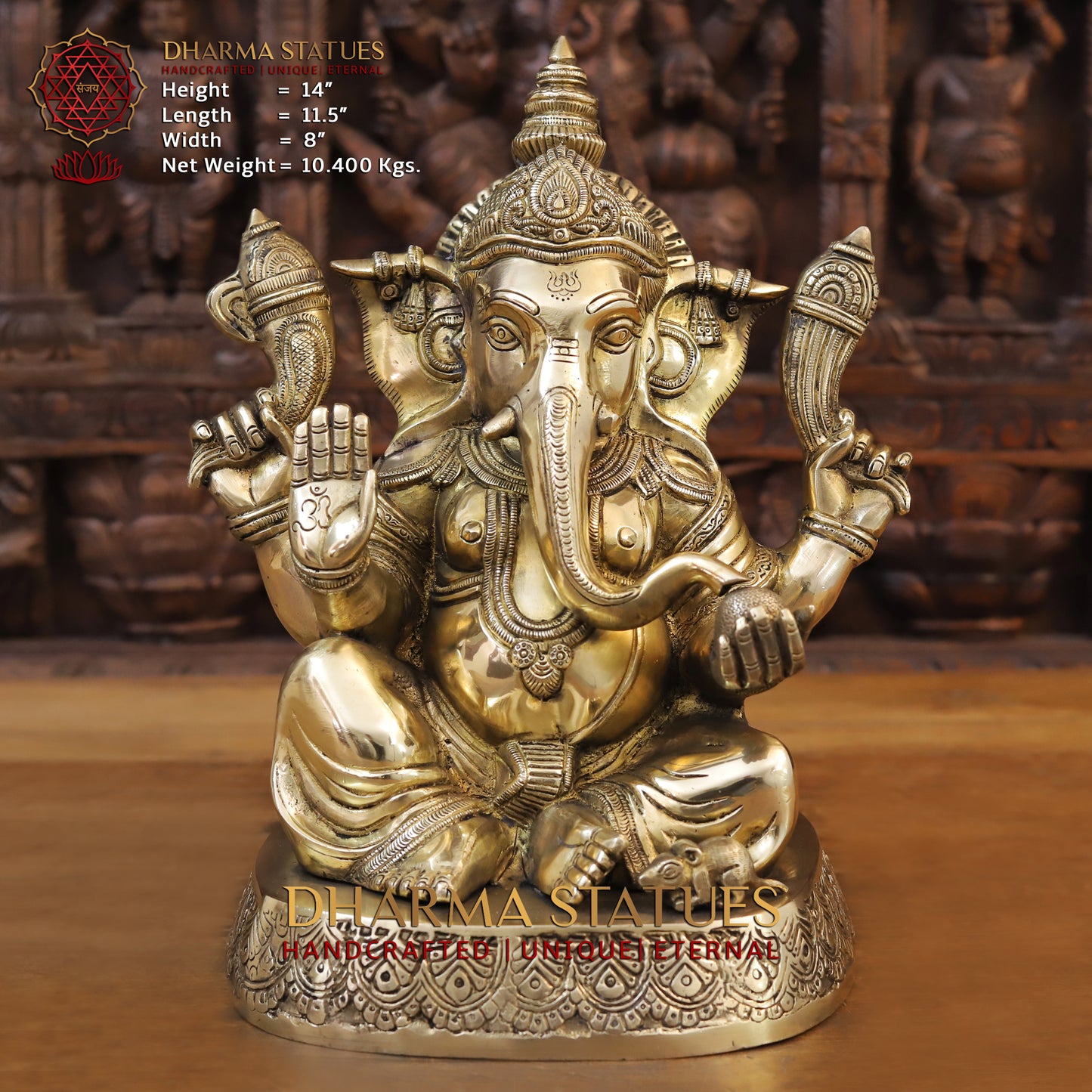 Brass Ganesh seated on Base, Blessing Posture, Golden Finish, 14"