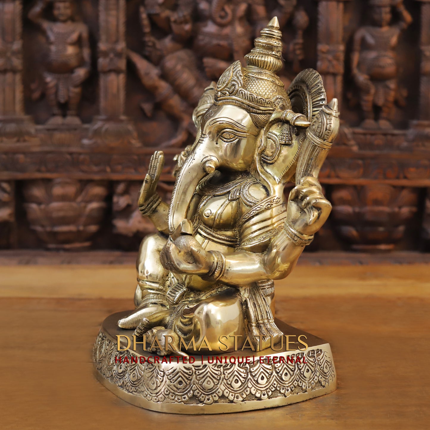 Brass Ganesh seated on Base, Blessing Posture, Golden Finish, 14"