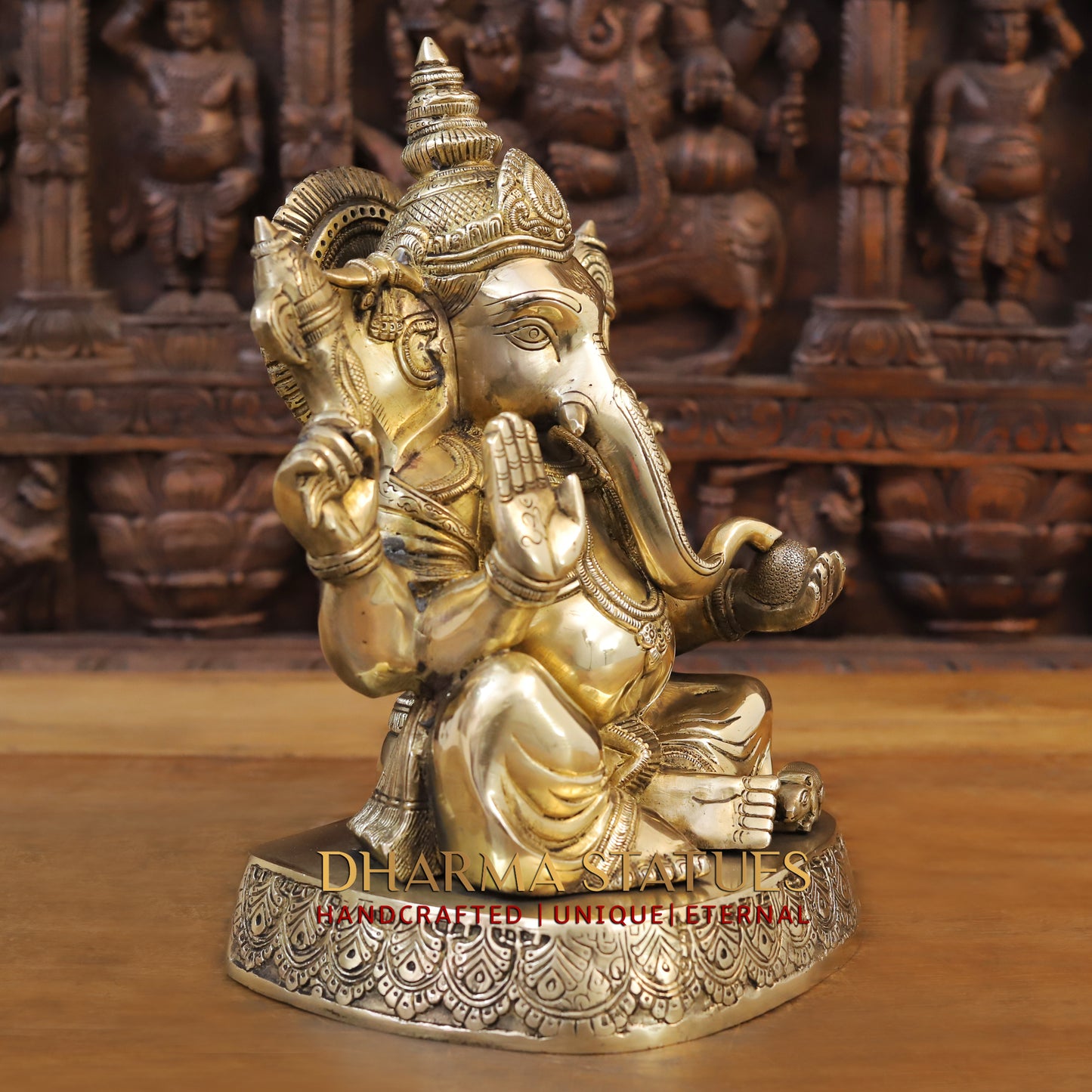 Brass Ganesh seated on Base, Blessing Posture, Golden Finish, 14"