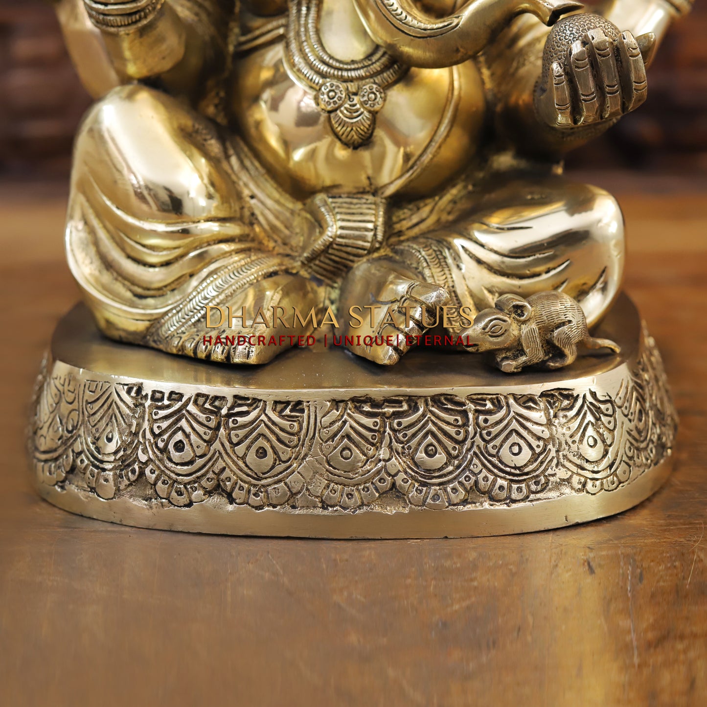 Brass Ganesh seated on Base, Blessing Posture, Golden Finish, 14"