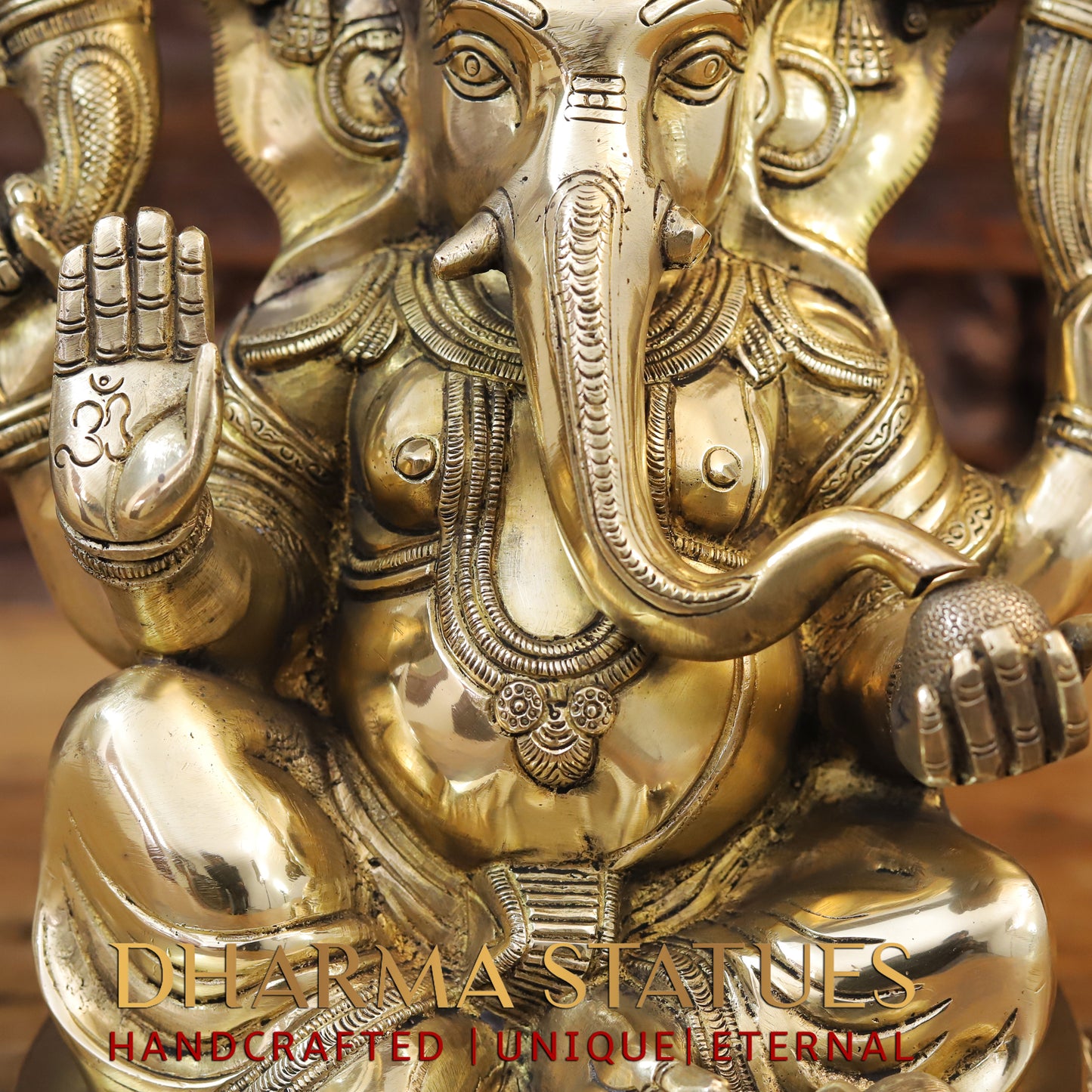 Brass Ganesh seated on Base, Blessing Posture, Golden Finish, 14"