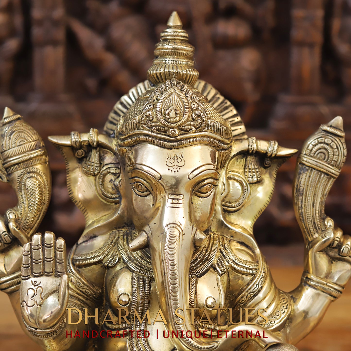 Brass Ganesh seated on Base, Blessing Posture, Golden Finish, 14"