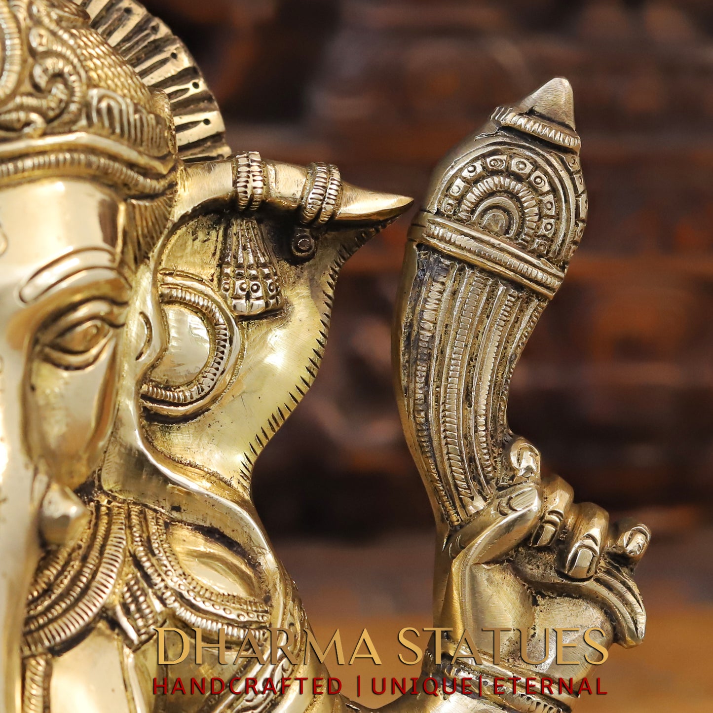 Brass Ganesh seated on Base, Blessing Posture, Golden Finish, 14"