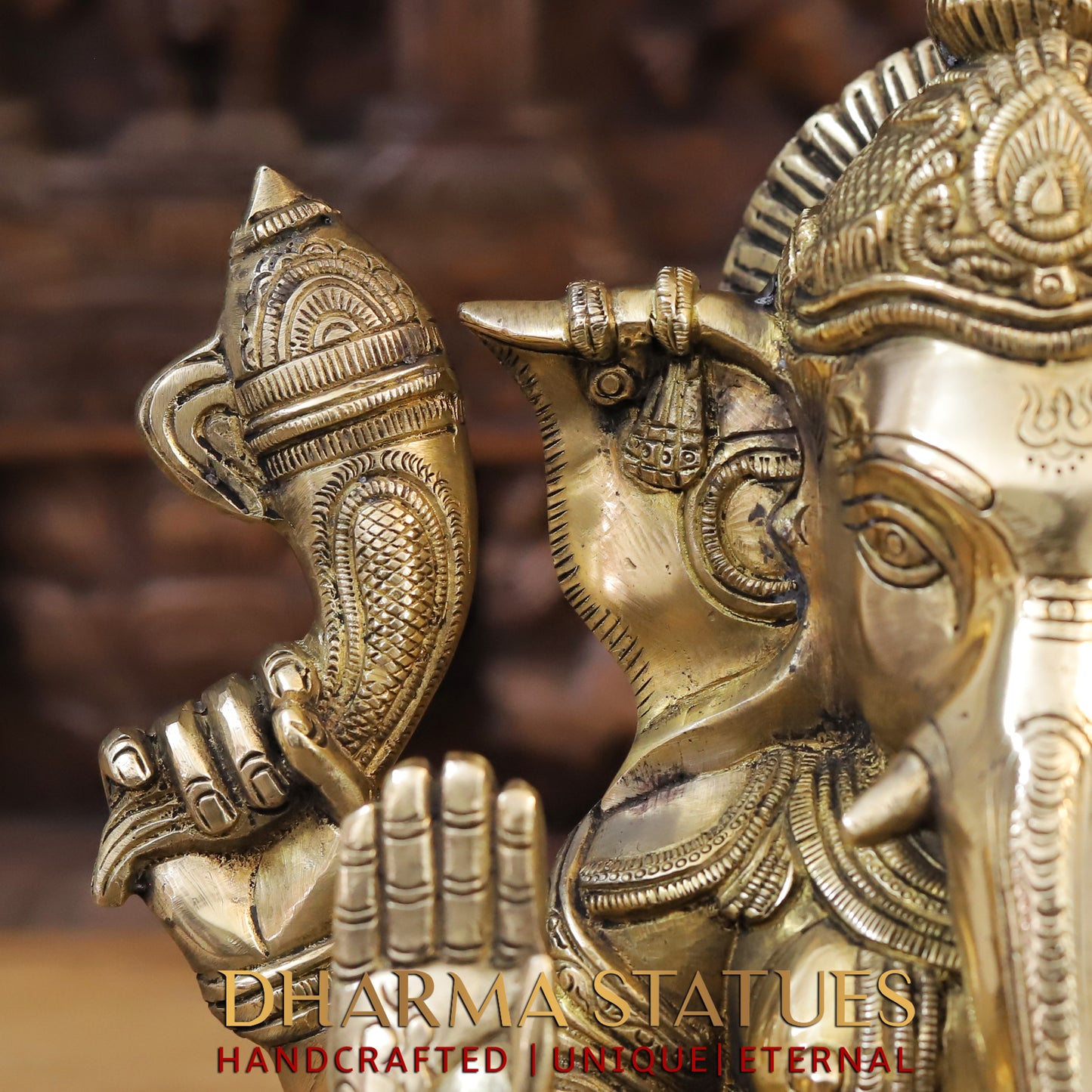 Brass Ganesh seated on Base, Blessing Posture, Golden Finish, 14"
