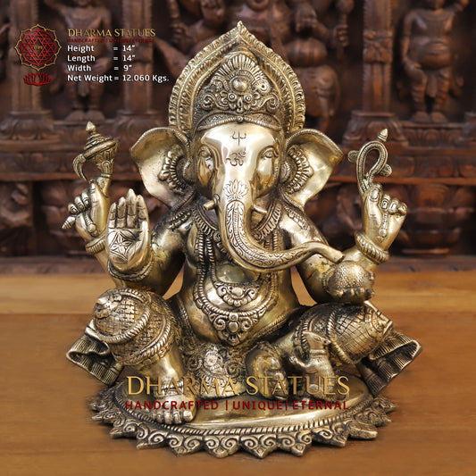 Brass Ganesh seated on Base, Blessing Posture, Golden Finish, 14"